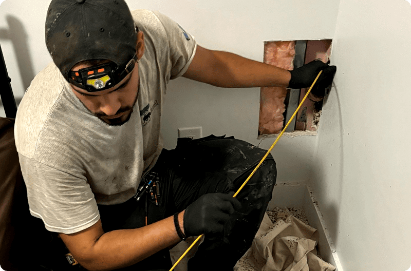 Worker inspecting a wall with a measuring tape.