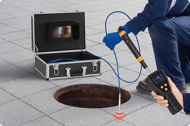 Person inspecting sewer manhole with a video camera system.