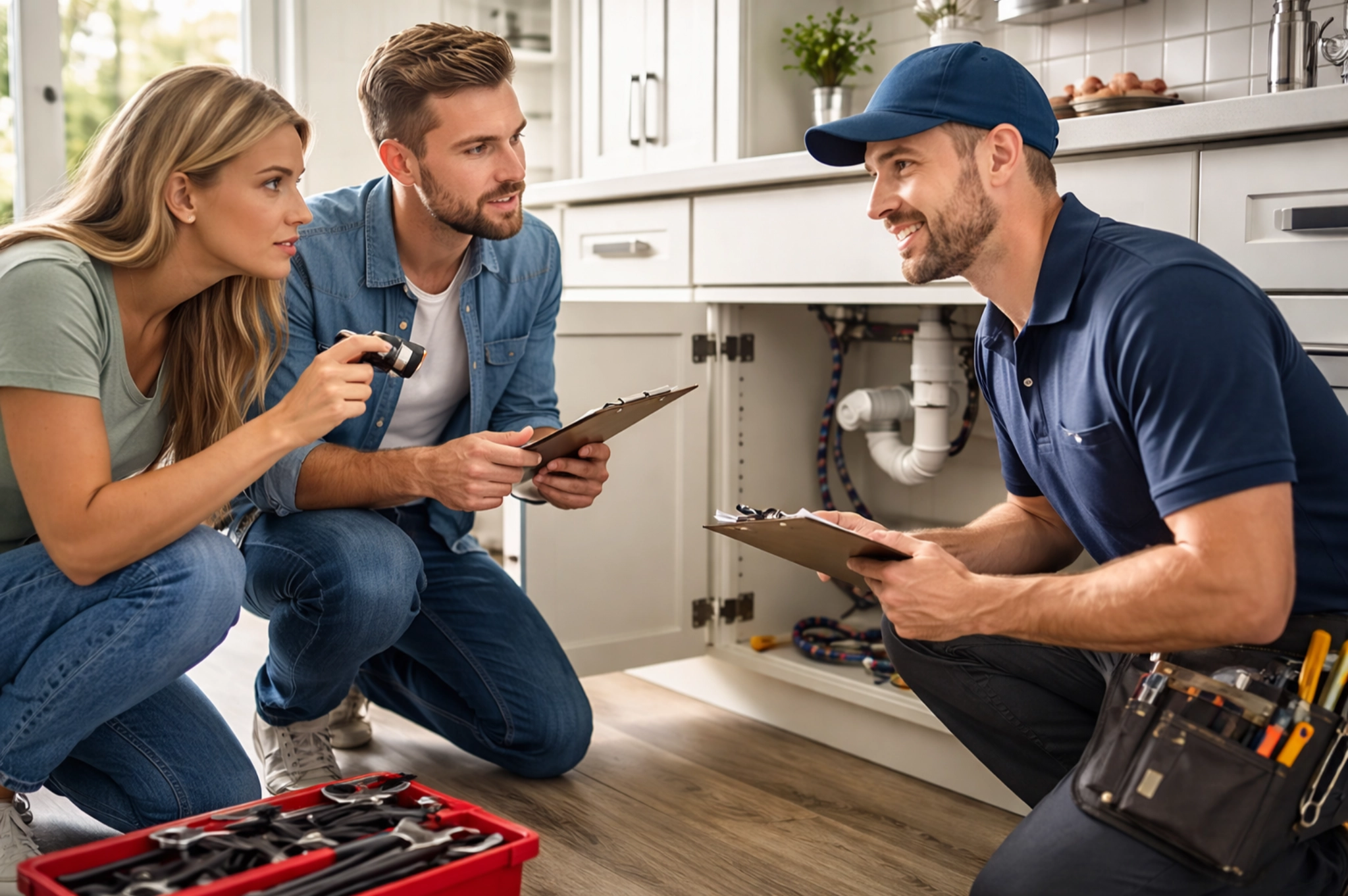 A plumber consults a couple about a kitchen sink repair.