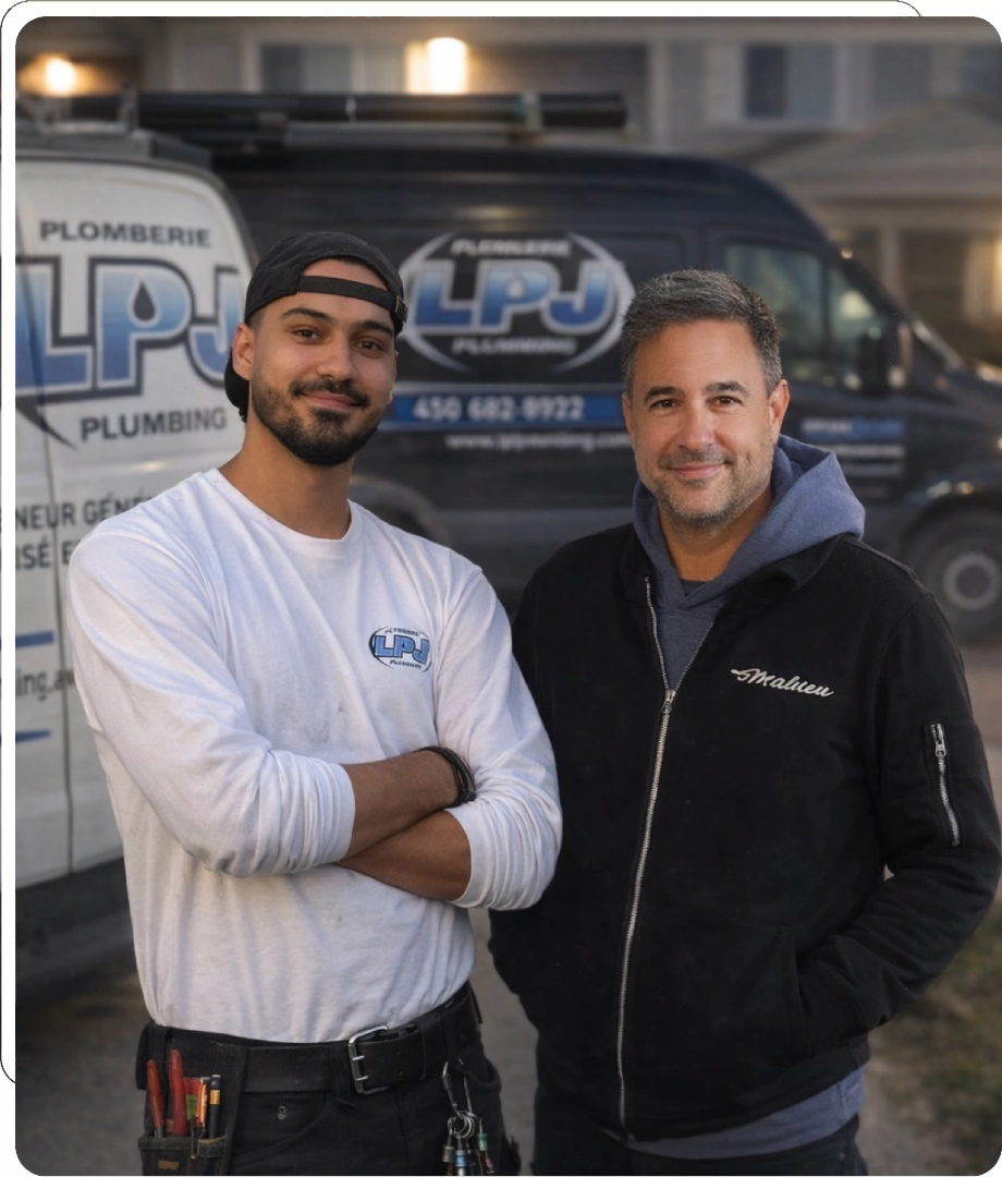 Two plumbers standing confidently in front of a company van.