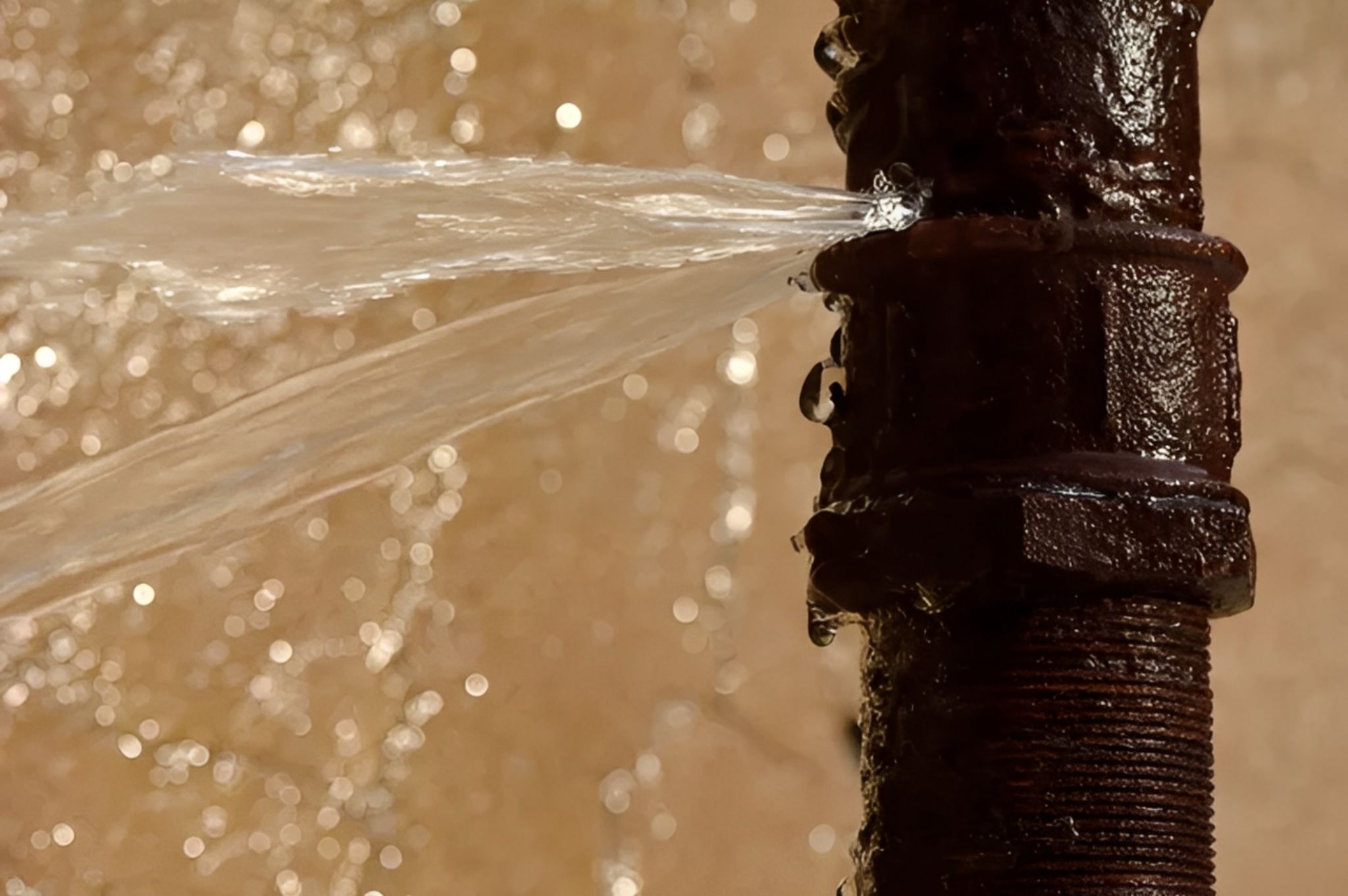 Water spurting from a rusty pipe against a blurred background.
